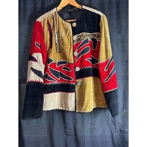 Alex Kin Vintage Chenille Patchwork Jacket Red Gold Black Art to Wear‎ Large